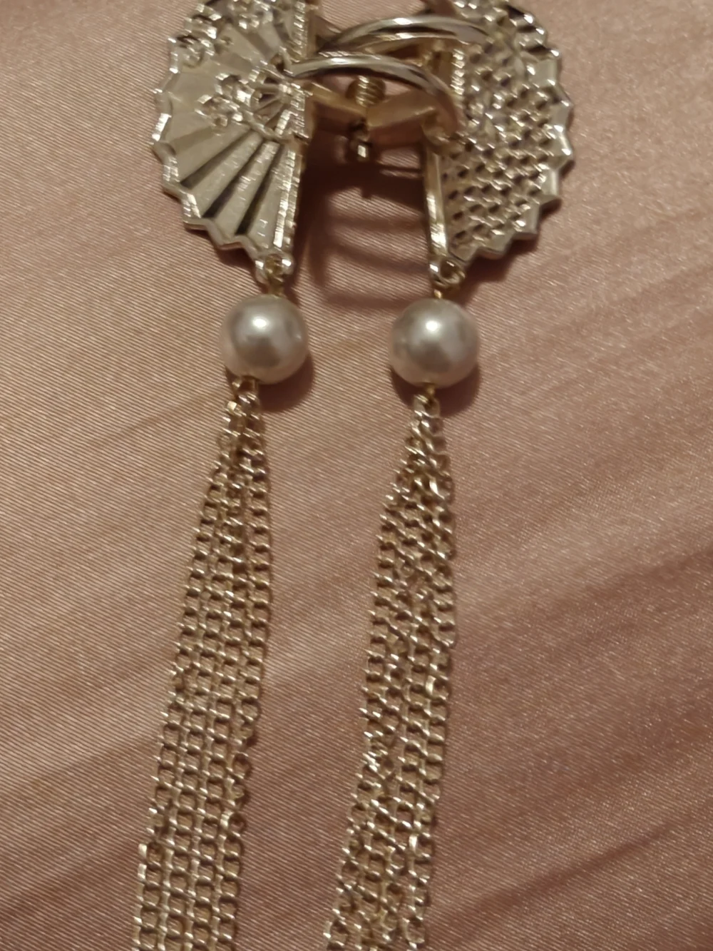 Gold Pearl Tassel Hair Clip with Red Enamel and Crystal Flower Accents - Picture 2 of 5